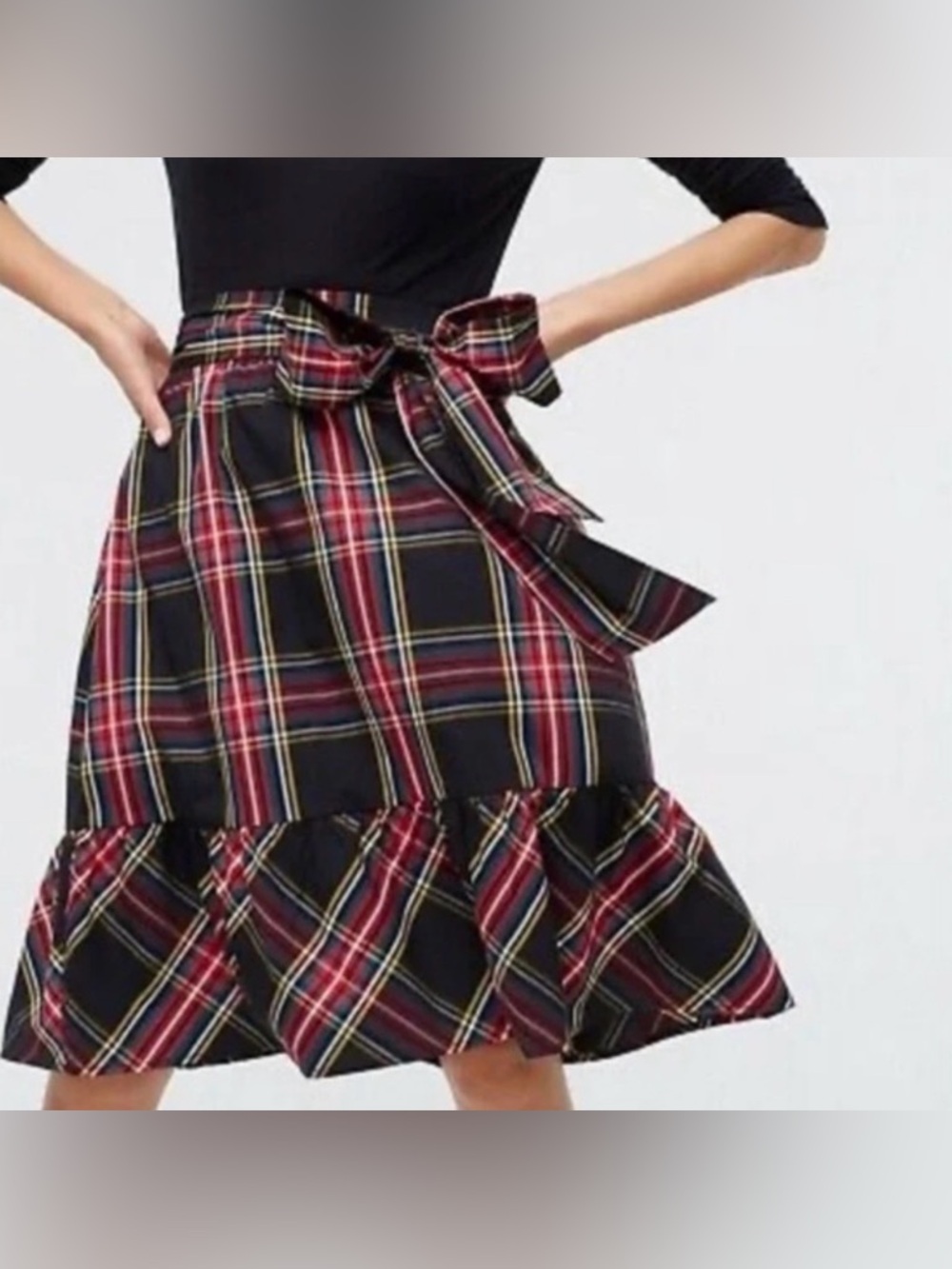 J. Crew Black Plaid A-Line Skirt with Bow